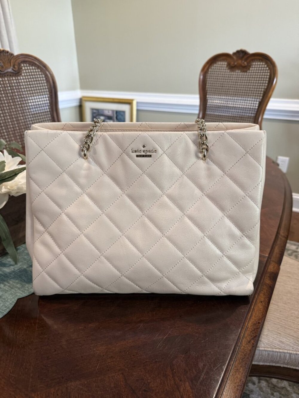 Kate Spade Cream Quilted Leather Chain Strap Tote Shoulder Bag Large